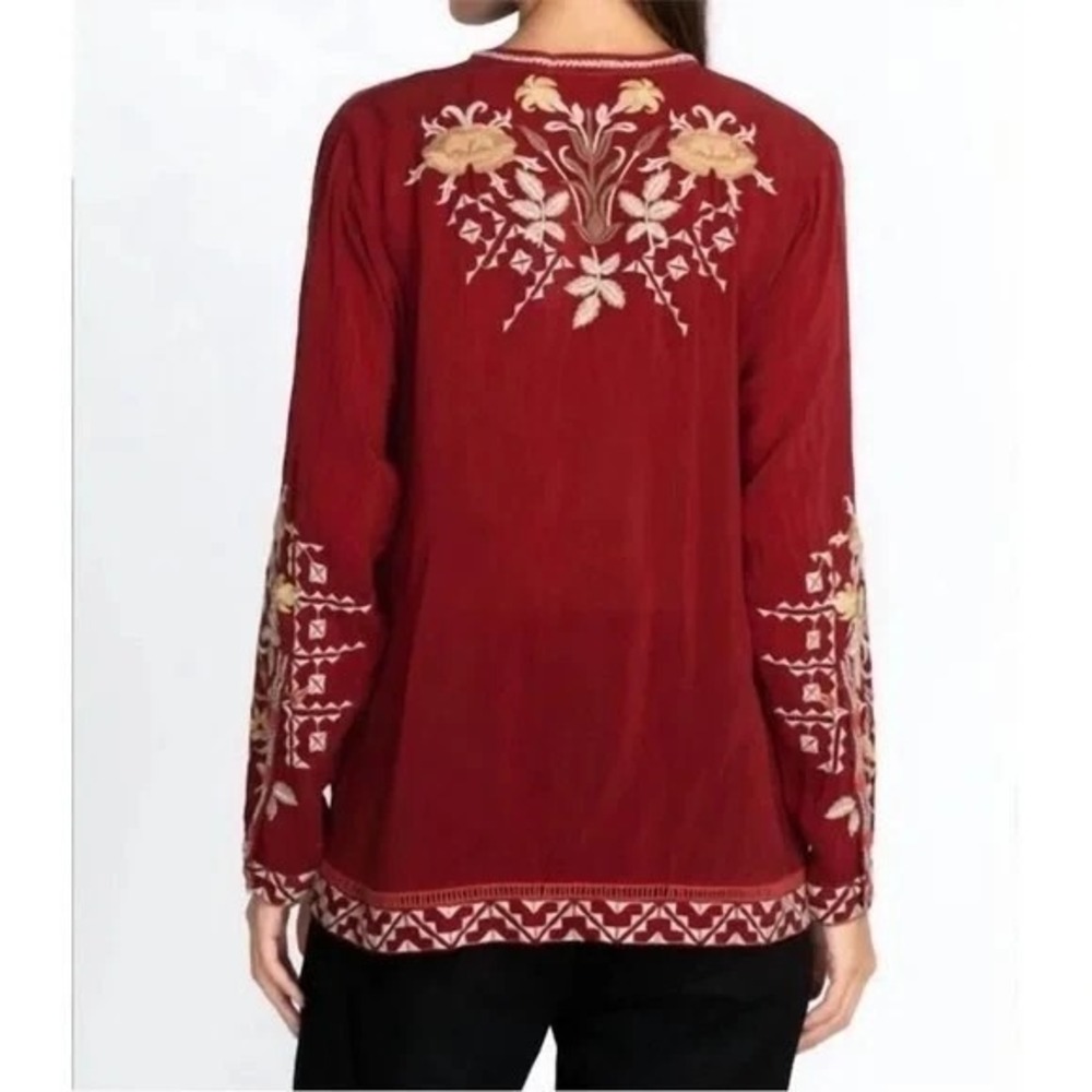 Johnny Was Wine Red Floral Embroidered V-Neck Blouse - Picture 2 of 13